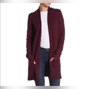 Cyrus Ribbed Knit Duster Cardigan Open Front Longline Sweater– Burgundy – Size L